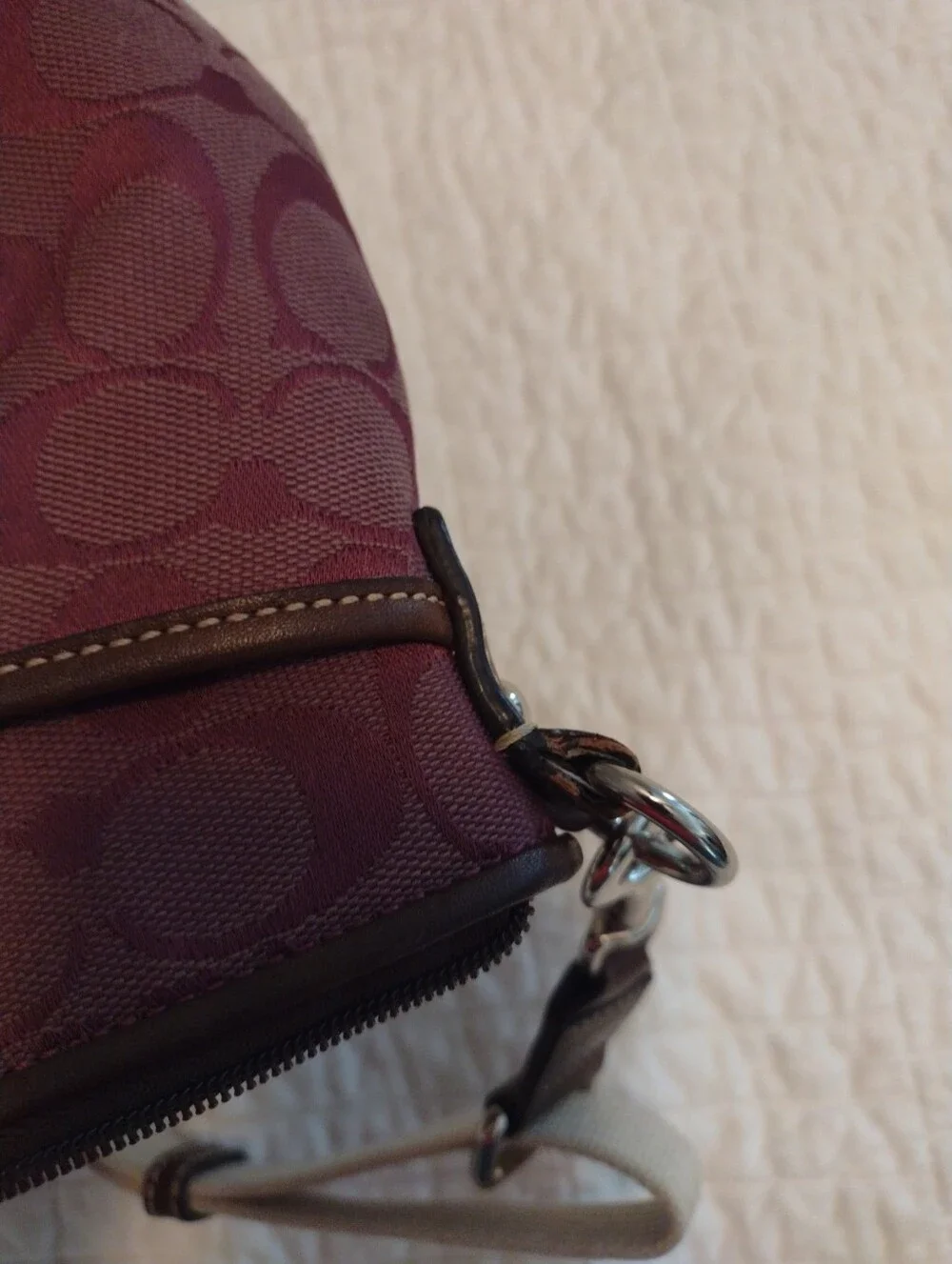 Coach Purple Signature Logo Crossbody Bag Zip Top Adjustable Strap Silver Brown